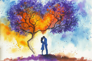 Obraz na płótnie Canvas A mesmerizing watercolor painting of a couple embracing, with a heart-shaped tree in the background