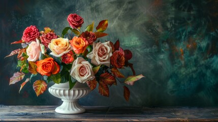 beautiful white vase on a table with an arrangement of autumn flowers generative ai