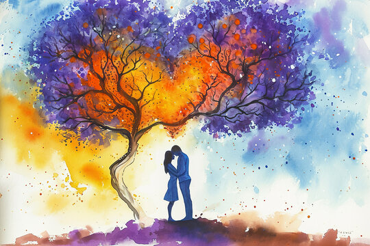 A mesmerizing watercolor painting of a couple embracing, with a heart-shaped tree in the background