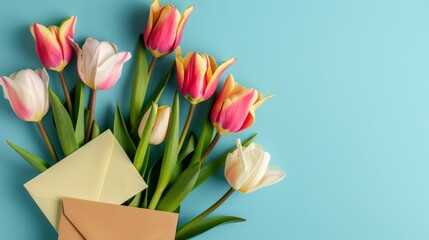 letter with beautiful tulips, on a unicolor background generative ai