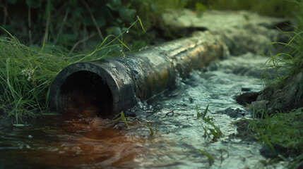 Sewage pipe with waste water flowing in nature. Ecological disaster and pollution concept, Generative AI - 743172766