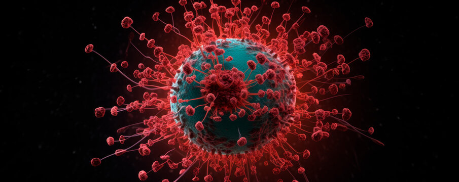 An ultra-wide banner depicts viruses with green and red spike proteins against a dark background, simulating microscopic imaging and highlighting themes of infection and health research.