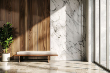 Modern Interior with Sunlight and Shadow Play on Marble and Wood