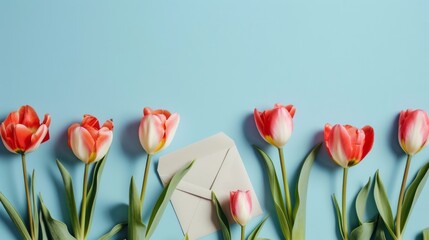 Fototapeta premium letter with beautiful tulips, on a unicolor background generative ai