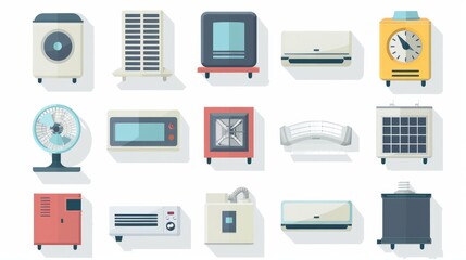 Set of flat icons representing heating, ventilation, and air conditioning (HVAC) systems