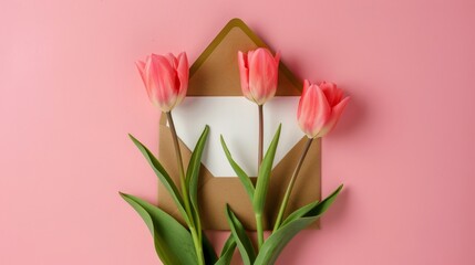 letter with beautiful tulips, on a unicolor background generative ai