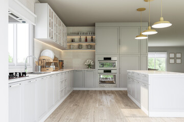 Modern vintage style kitchen cooking area 3d render, There are wooden floor, light gray counter cabinet with white marble top ,large window overlooking nature view