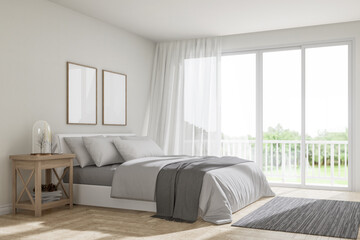Modern contemporary cozy white bedroom with nature view 3d render , The rooms have wooden floors and white wall, large window nature light in to the room