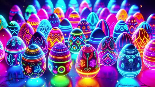 Easter eggs with neon patterns and bright background.