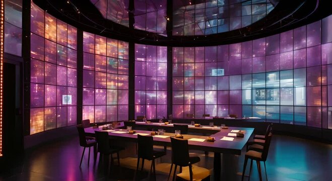 modern metallic meeting rooms decorated with holographic projection screens displaying grids of the company's statistics and modern art.   