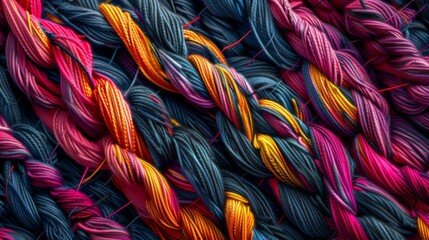An Abstract Background of Woven Textures and Colorful Fibers Creating an Interlaced Threads Pattern with Detail - obrazy, fototapety, plakaty