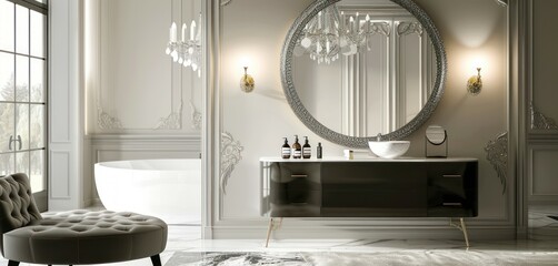 A modern look mirror and sink cabinet in an elegant bathroom, in the style of baroque dramatic lighting.