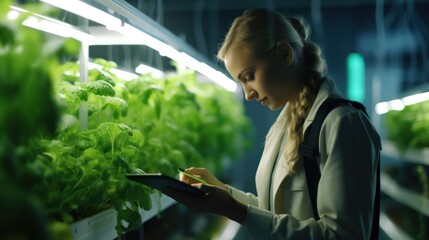Biology Scientist Working in a Vertical Farm Next to Rack with Natural Eco Plants. Female Farming Engineer Using a Tablet Computer, Organizing and Analyzing Crops Information Before Distribution - obrazy, fototapety, plakaty