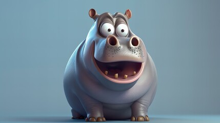 smiling cartoon hippopotamus isolated on blue with copy space