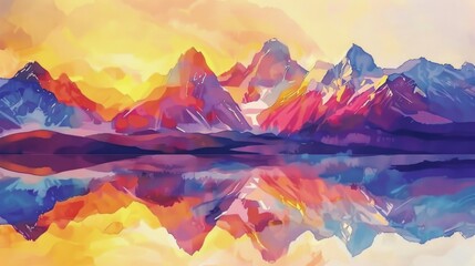 Abstract sunrise colors reflect on water with vibrant mountains and landscape art