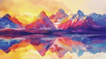 Gordijnen Abstract sunrise colors reflect on water with vibrant mountains and landscape art © Superhero Woozie