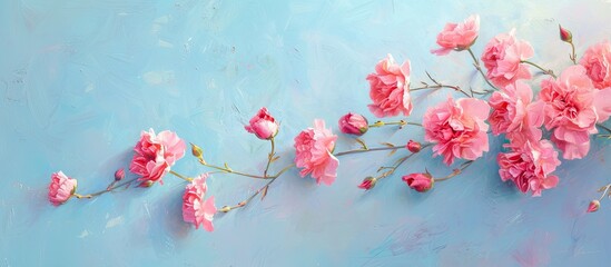 A painting featuring vibrant pink carnations contrasted against a soft, light blue background. The flowers stand out with their delicate petals and green stems, creating a visually enchanting floral