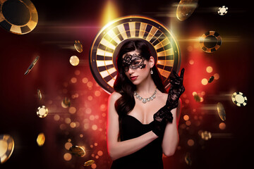 3d creative collage picture of gorgeous classy girl gloves mask jewelry casino roulette wheel chips tokens