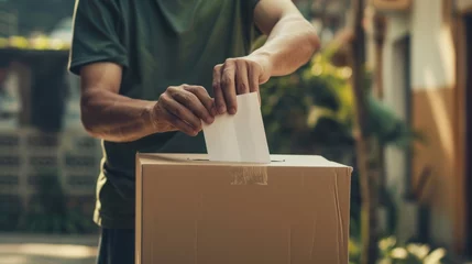 Deurstickers man inserting a paper into a cardboard box generative ai © Kelly