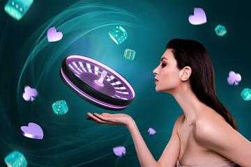 Creative collage picture of stunning girl arm hold neon lights casino roulette wheel flying dice...