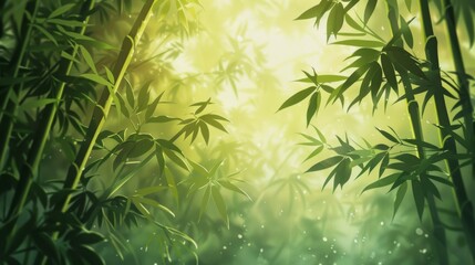 Serene Bamboo Abstraction with Green Background Bathed in Light Amidst Nature - obrazy, fototapety, plakaty