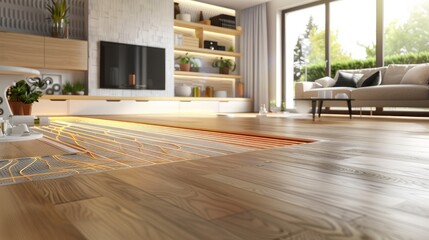 Illustration depicting a underfloor heating system installed beneath a wooden floor, rendered in 3D - obrazy, fototapety, plakaty