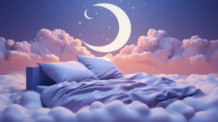 Foto op Plexiglas Sleep day, asleep and health problems, insomnia, soft bed time night lazy pillow comfort room, relax melatonin, woman man girl boy, moon star, banner copy space greeting card background. © Ирина Батюк