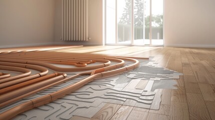 Illustration depicting a underfloor heating system installed beneath a wooden floor, rendered in 3D - obrazy, fototapety, plakaty