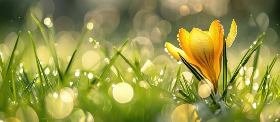 A detailed view of a vibrant yellow crocus flower surrounded by green grass, showcasing its...