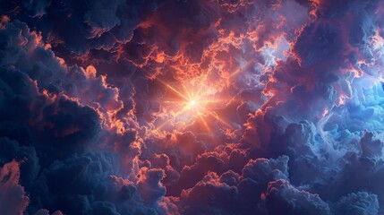 Fototapeta na wymiar Abstract Radiant Sunbeams Break Through Blue Clouds with Enhanced Bright Burst