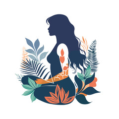 woman in lotus pose with flowers and leaves. Vector illustration.