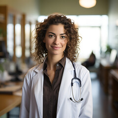 Happy Doctor smiling in the clinic office and looking into camera, young docter