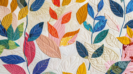 Patchwork quilt background with botanical print applique