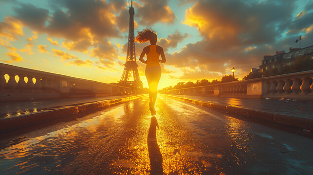 Silhouette of woman sprinter gives best effort as she competes for gold medal with Eiffel Tower