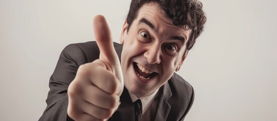A man dressed in a suit is confidently pointing at the camera with a determined expression on his face. He is showcasing a hand sign with his thumb up, exuding a sense of authority and professionalism