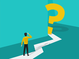 Confused man with question mark behind the wall