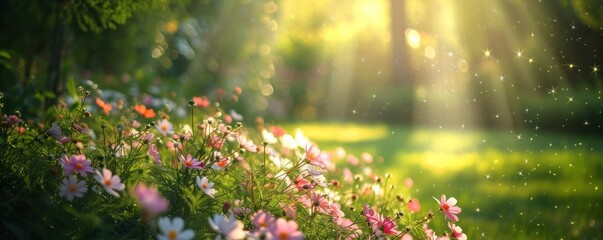 Fototapeta premium The blooming flowers banner. surrounded by green nature and shining sun.