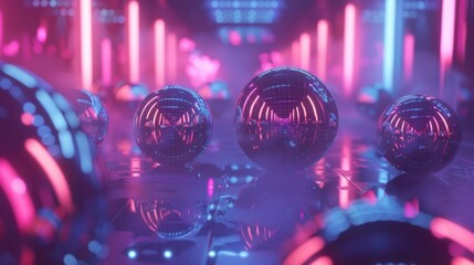 Abstract Holographic Scene with Disco Ambience Featuring Colorful Reflective Spheres and Futuristic Lights