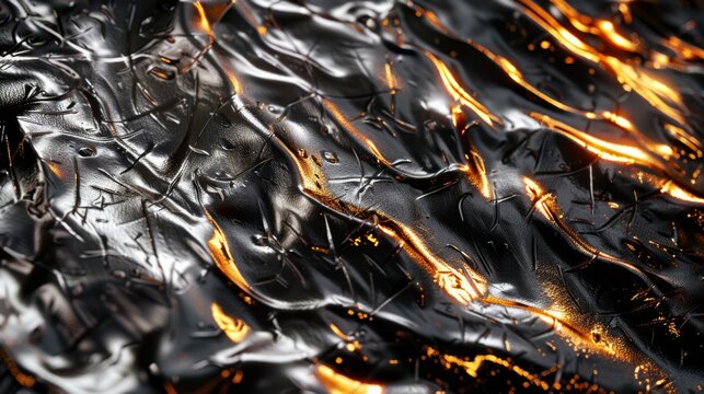 Abstract High-gloss Metallic Texture with Orange and Black Shiny Reflective Surface