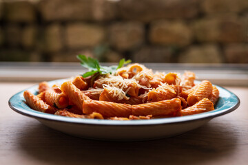 Rigatoni with meat flavor, Italian cooking, pasta, meat sauce