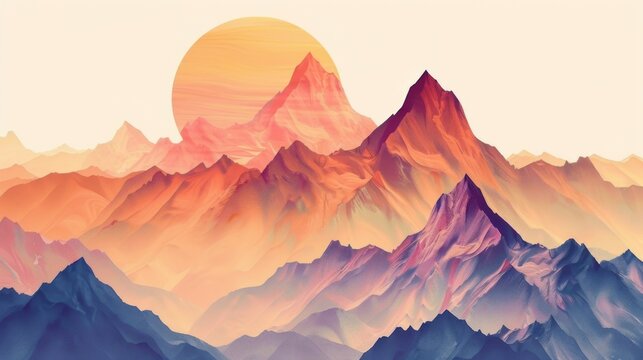 Abstract Background Featuring Hazy Mountain Range Art at Sunset with Vibrant Colors and Peaks Against the Sky