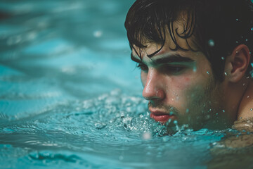 A man swimming laps in a pool, with a look of focus on his face
