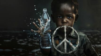 Ein kleines schwarzes Kind mit einer Wasserflasche. Im Vordergrund das Friedenssymbol (Peace-Zeichen). Der Welttag des Wassers trägt 2024 das Motto 