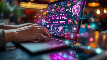 Hands using a laptop and imaginary glowing Digital Marketing icons. 