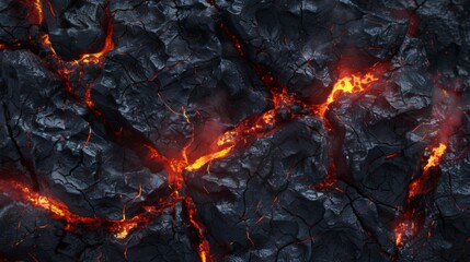 Abstract volcanic background with dynamic lava texture, cracks glowing orange against black rock