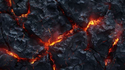Foto auf Alu-Dibond Abstract volcanic background with dynamic lava texture, cracks glowing orange against black rock © Superhero Woozie