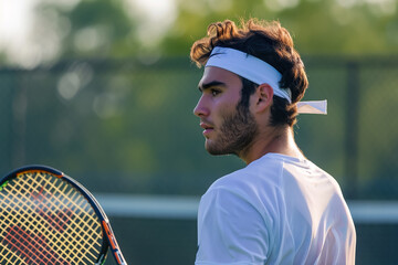 A man playing tennis, with a racket in his hand and a sweatband on his forehead