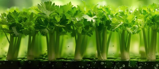 A row of vibrant green celery stalks grows abundantly in an innovative hydroponic system, showcasing the success of the Green Revolution in agriculture. The healthy stalks stand tall, displaying their