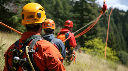 Obraz premium A rescue team is training for a disaster using ropes and rappelling gear. The rescue team wearing hard hats and safety vests, and they using specialized equipment.