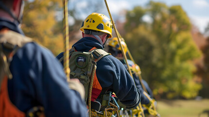 A rescue team is training for a disaster using ropes and rappelling gear. The rescue team wearing hard hats and safety vests, and they using specialized equipment.